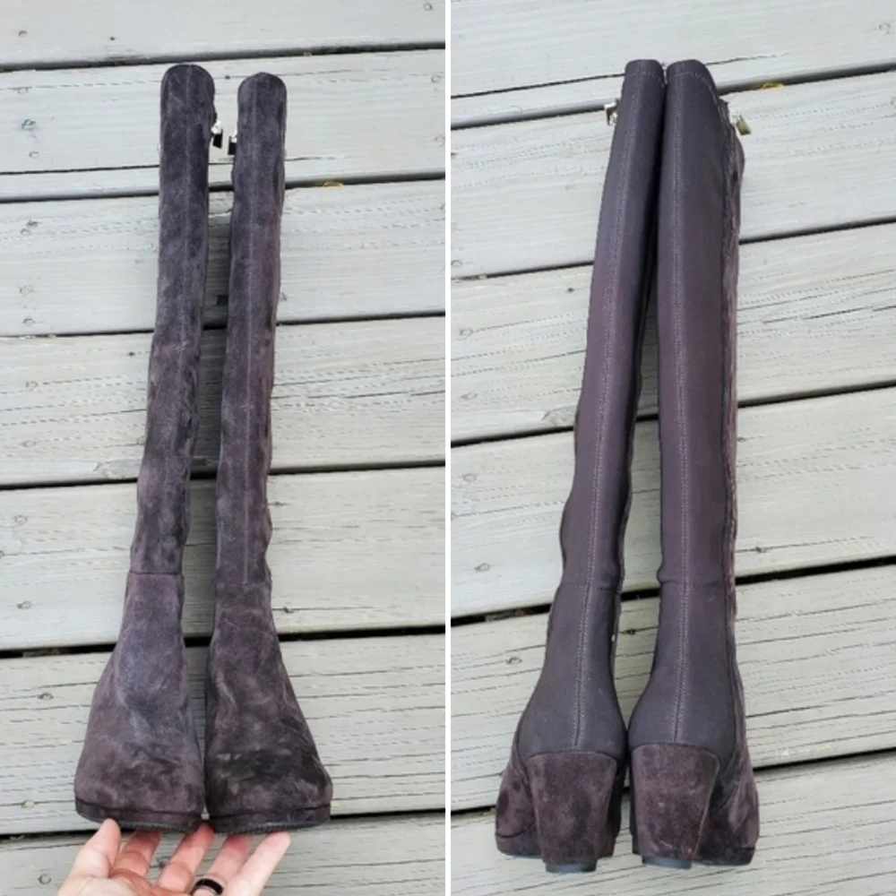 Vince Camuto Alexila Brown Suede Stretch Neoprene Over the Knee OTK Tall‎ Boots